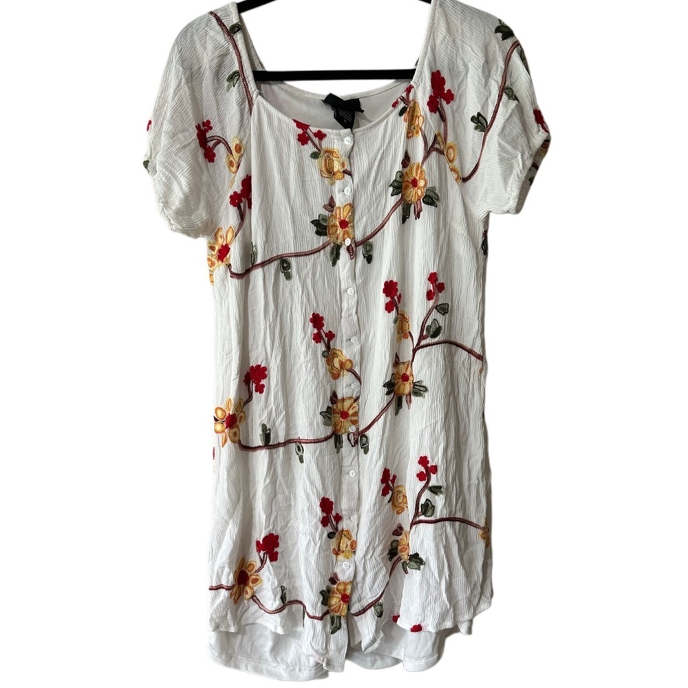 Liv Los Angeles White Mini Dress with Red and Yellow Floral Embroidered Design